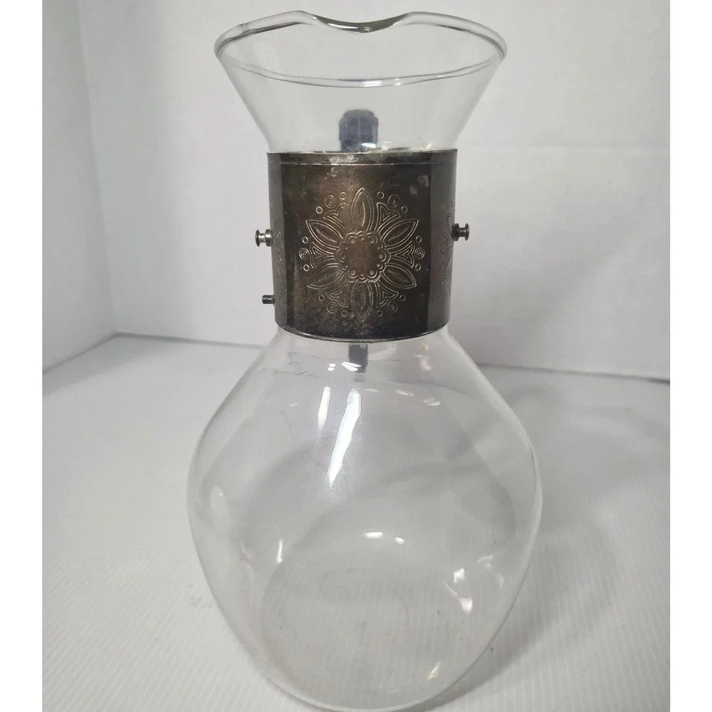 Vintage Glass Carafe Silver Plated Collar Black Plastic Handle Floral Motif